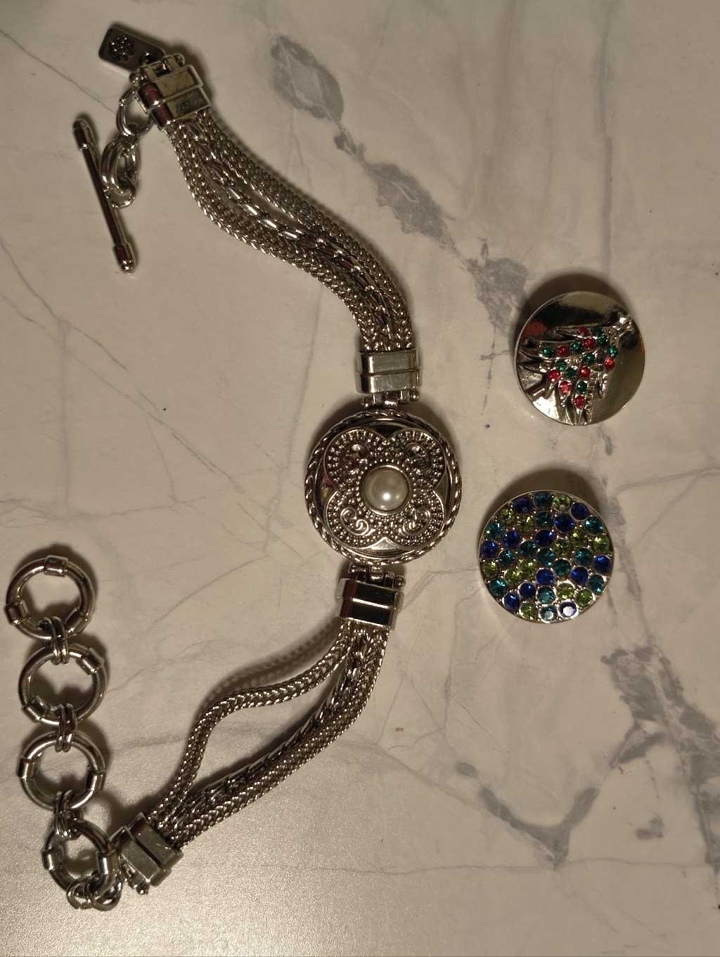 Silver-Tone Bracelet With Interchangeable Charms - Tree Pearl Blue Green 10$